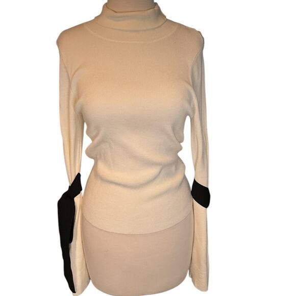 Maeve by Anthropologie White Black Mock Neck Bow Bell Sleeve Sweater Size Medium - Picture 4 of 13